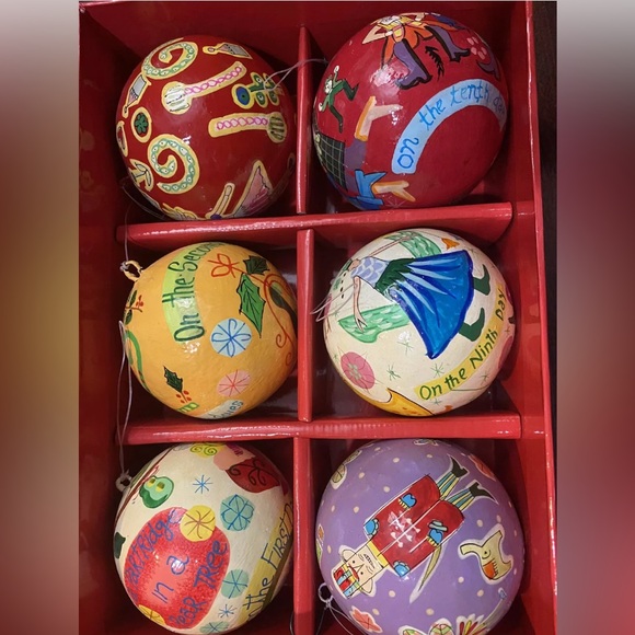 Crate & Barrel Ornaments Set of 6 Paper Mache Christmas Set Part Of 12 Days - Picture 2 of 2